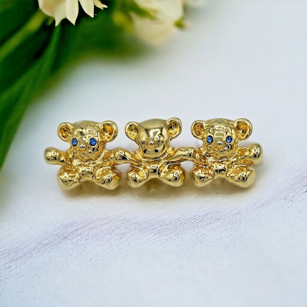 Teddy Bear Brooch Vintage Blue Eyes Rhinestone Three Cubs Gold Tone Animal Pin